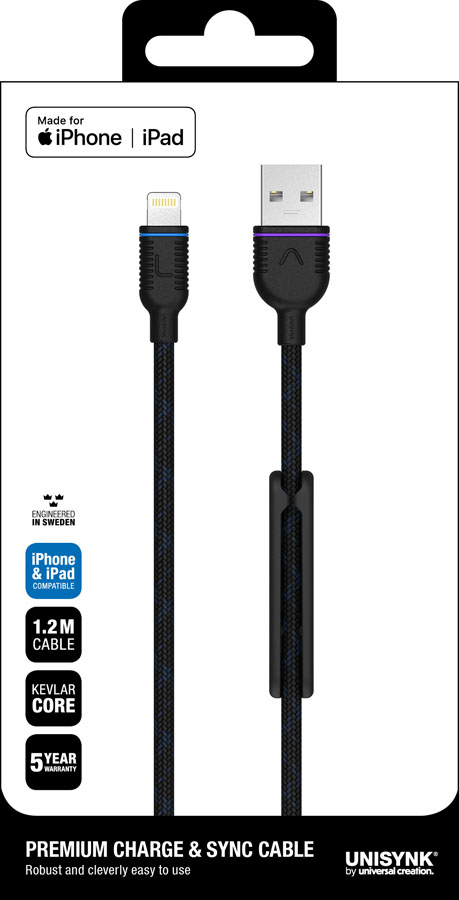 Unisynk Laddkabel USB-A till Lightning 1.2 m - Svart