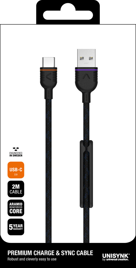 Unisynk Laddkabel USB-A till USB-C 2 m - Svart