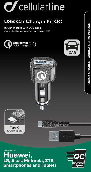 Cellularline Billaddarpaket QC Adapter + USB-A till USB-C kabel 1 m 18