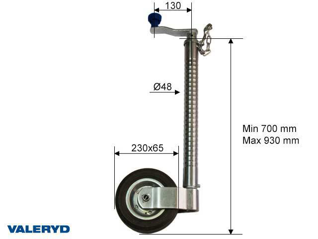 Stödhjul SS Ø48mm med stålfälg. Fullgummihjul 200x60mm. Belastning 200